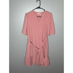 Lucky Brand Dress Large Pink Ruffle Sleeve Tie Waist Belt Size Small Pockets